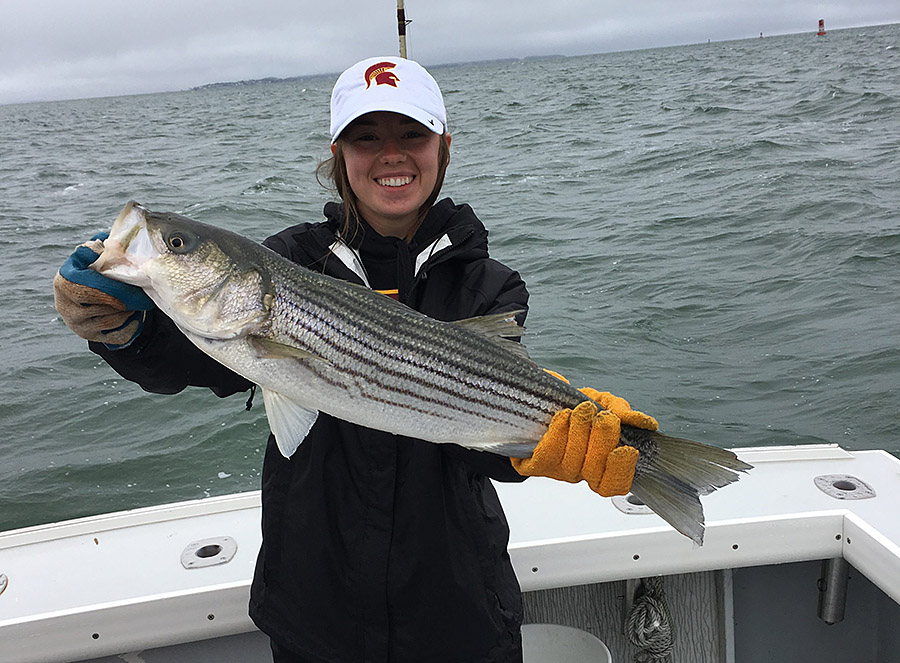 Girl fishing for striped bass